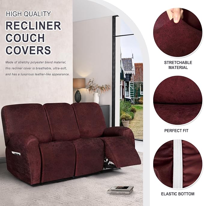 ANARACHON Leather Look Recliner Couch Cover, 8-Pieces Stretch Recliner Sofa - Image 5