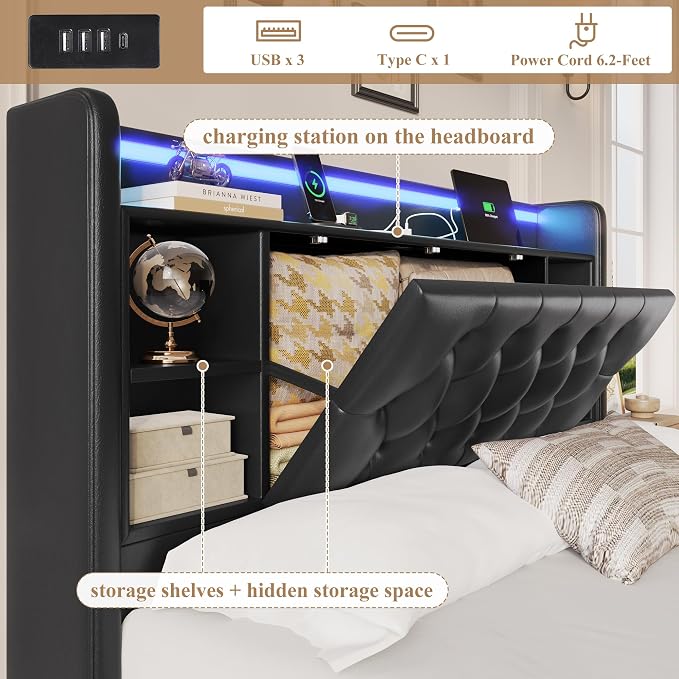 Full Bed Frame with Drawers, Hidden-Cubby & Shelves Storage Headboard with - Image 4