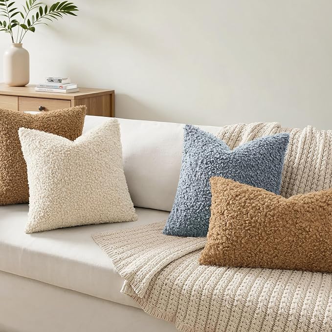 Faux Fur Throw Pillow Covers 18x18 Inch Set of 2 Boucle Neutral Decorative - Image 2