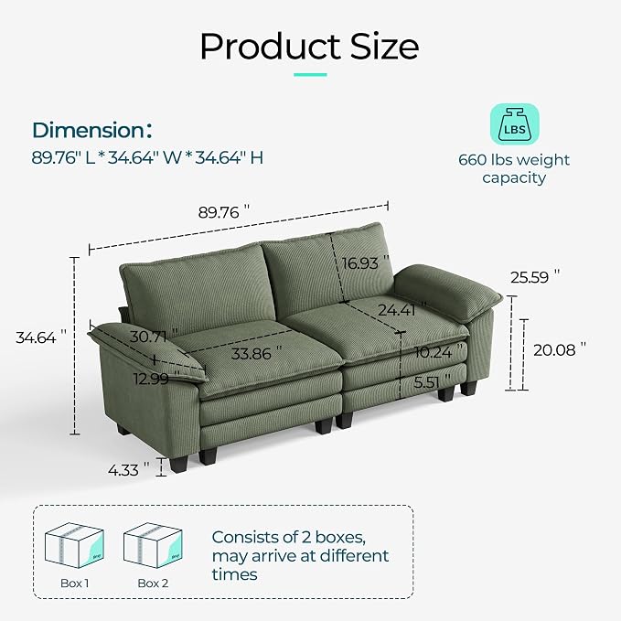LINSY HOME 90" Modular Cloud Love Seat Sofa, Corduroy Soft Sectional Couch - Image 2