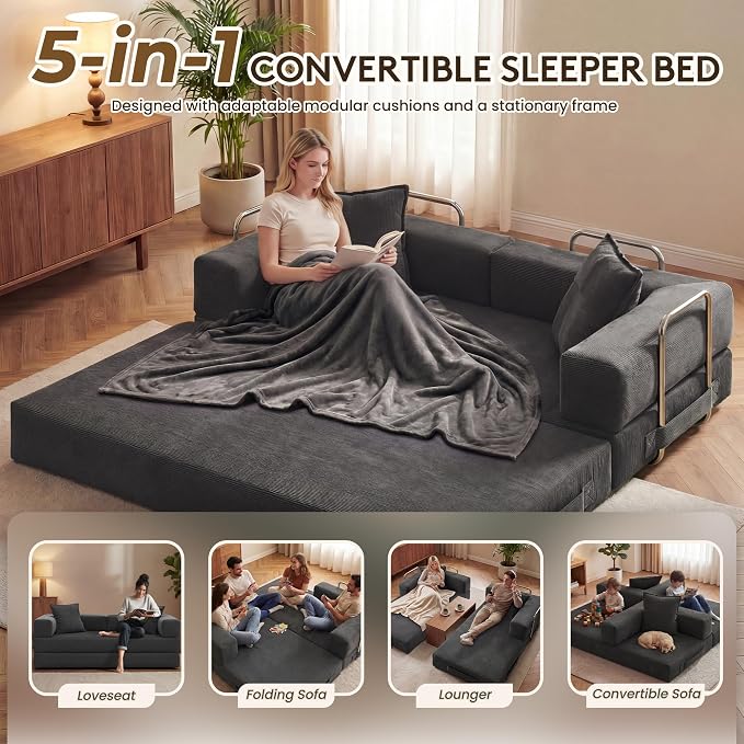 GRUSIGN 78 Inch Convertible Sofa Bed, 5-in-1 Futon Sofa Bed Pull Out Couch - Image 3