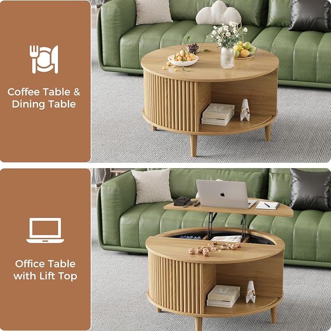 Round Coffee Table with Storage, Fluted Lift Top Coffee Table - Image 5