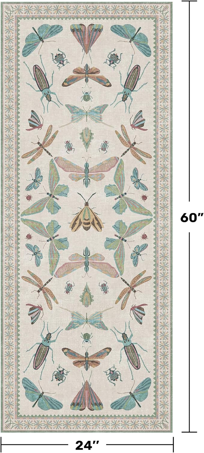 Washable Non Slip Bathroom Runner Rug 2x5, Insect Boho Bath Mat, Stain - Image 2