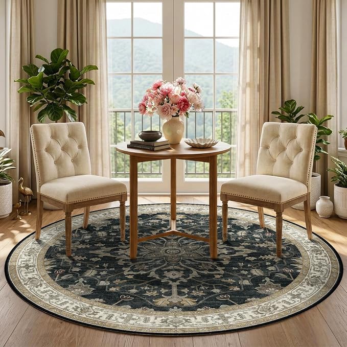 RELEANY Washable Area Rug, Round 5ft, Water Repellent, Pet Friendly, Vintage - Image 3