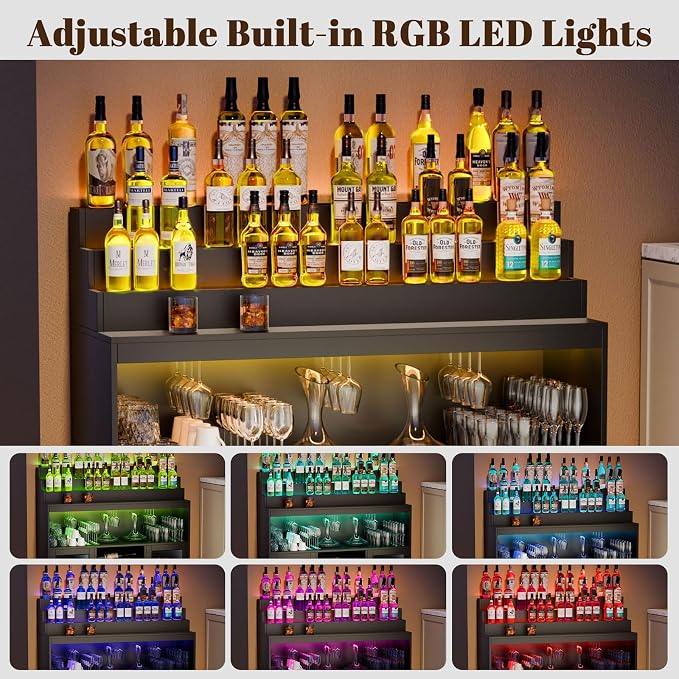 Loomie Wine Bar Cabinet with LED Lighted Liquor Bottle Display Shelf, Liquor - Image 6