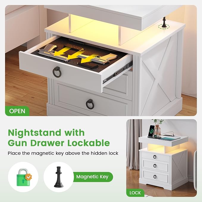 HNEBC Night Stand with Gun Drawers, Farmhouse Nightstand with Charging Station - Image 6
