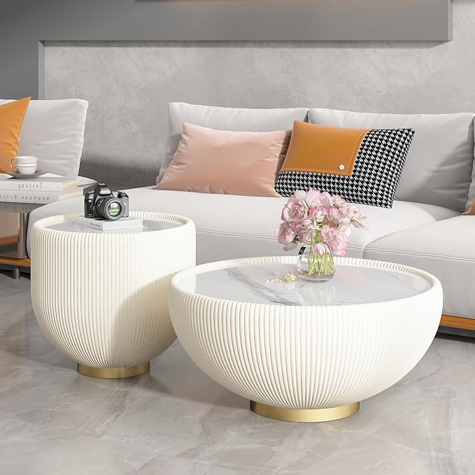Round Marble Coffee Table 27.56" Bucket Shaped Fluted Coffee Table - Image 7