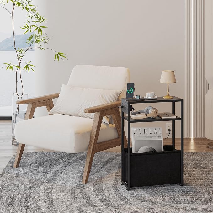 Leomonio Black Side Table with Charging Station, Slim End Tables with Fabric - Image 3