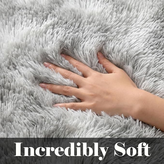 Area Rugs for Bedroom Living Room, 4x6 Tie-Dyed Light Grey Fluffy Shaggy - Image 2