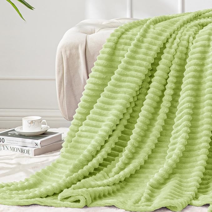 BEDELITE 3D Ribbed Cream Lime Fleece Throw Blanket - Image 7
