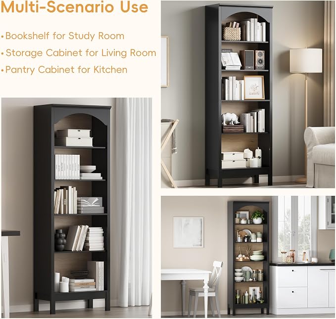 Arched Set of 2 Bookshelf with 5 Tier Open Shelves, Living Room, Modern Black - Image 5