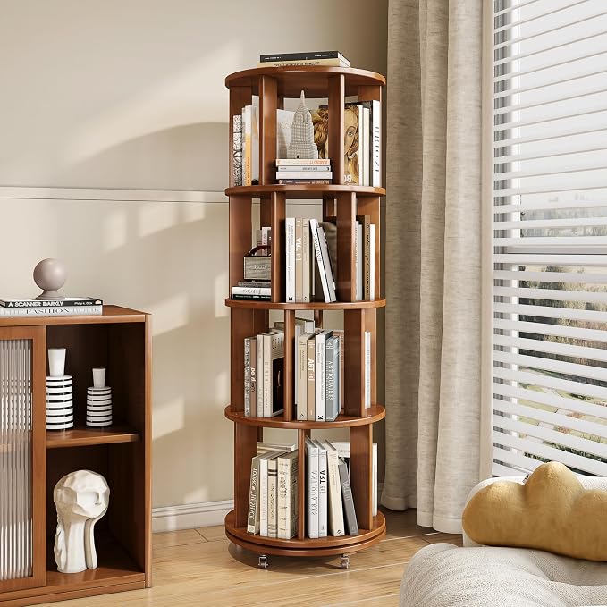 4-Tier Solid Wood Rotating Bookshelf on Wheels, 360° Spinning Book Shelf Tower by IUNVR