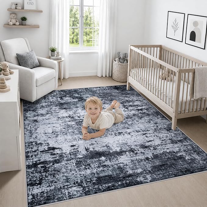 Area Rug Living Room: 4x4 Modern Washable Indoor Carpet Black | - Image 5