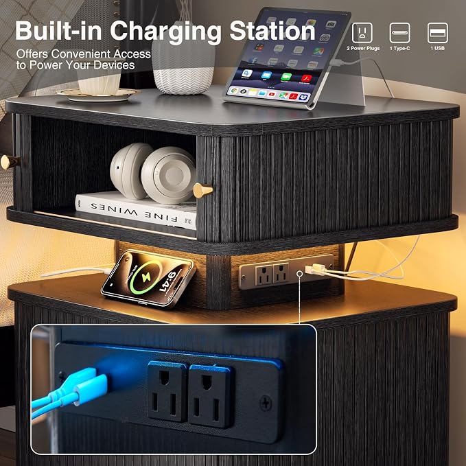 Black Nightstand with Charging Station and LED Light, Fluted Bedside Table with - Image 8