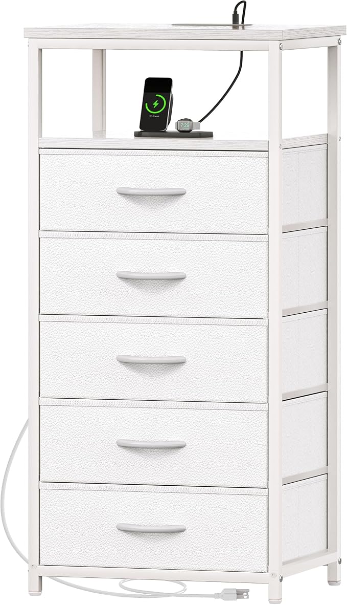 Huuger White Dresser with 5 Drawers & Charging Station, Tall Dresser by Huuger