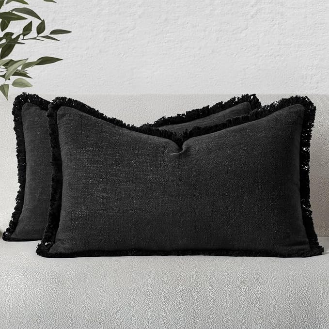 MIULEE Boho Linen Fringe Decorative Lumbar Throw Pillow Covers Black 12x20 | by MIULEE
