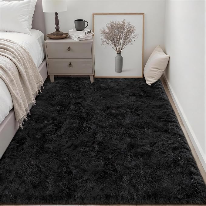 Area Rug Living Room Bedroom: 5x7 Fluffy Plush Shag Carpet Black | - Image 3