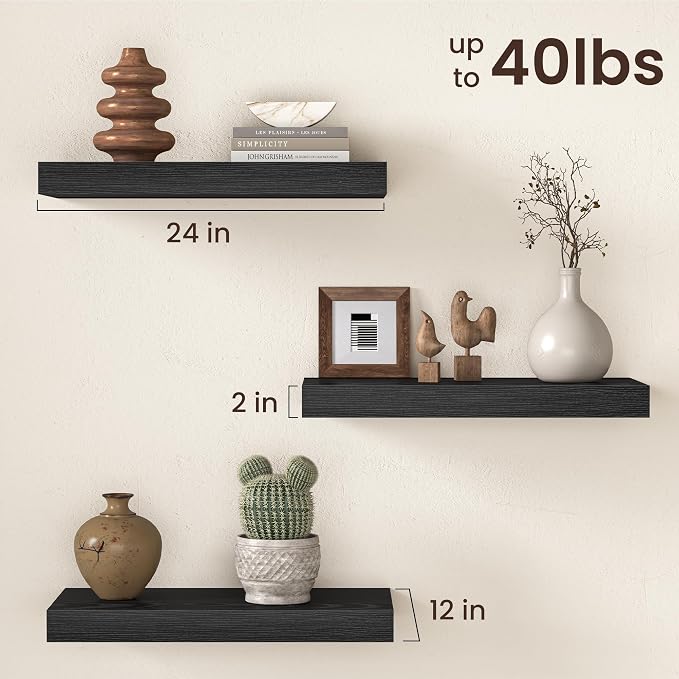 Fun Memories 12 Inch Deep Black Floating Shelf, 24 x 12 Rustic Wood Wall Shelf - Image 3