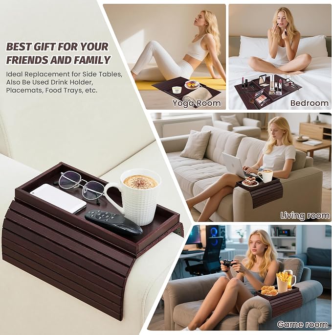 GEHE Bamboo Sofa Arm Tray, Foldable Couch Arm Tray Side Table, Anti-Falling - Image 4