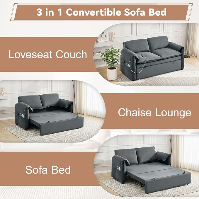 63" Velvet 3 in 1 Convertible Sleeper Sofa Bed, Pull Out Couch Bed Loveseat - Image 6