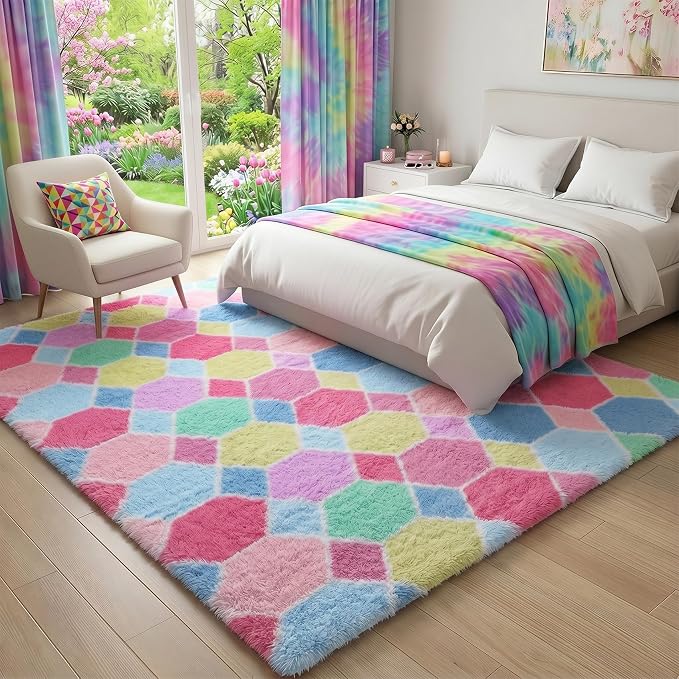 Checkered 6x9 Area Rugs for Living Room, Fluffy Pink Rainbow Girls Rug | Soft - Image 5