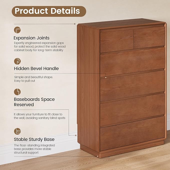 Solid Wood Dresser for Bedroom, Natural Solid Wood 6 Drawer Dresser, 45.3" Tall - Image 4