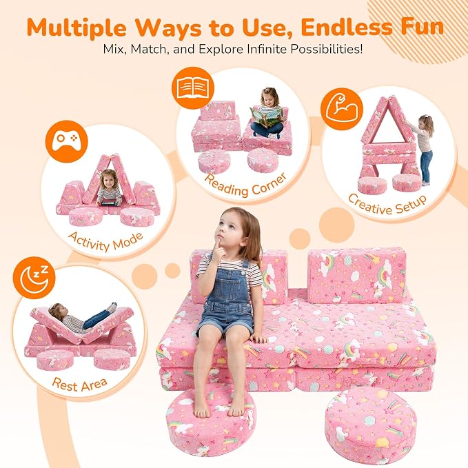 MeMoreCool Kids Sofa, 8-Piece Modular Play Couch - Image 4