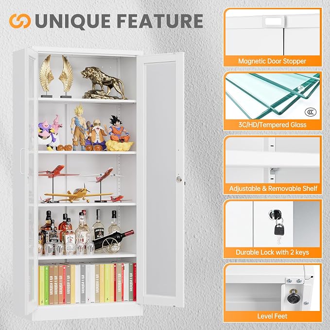 Locking Display Cabinet with Glass Door, 71”H Metal Curio Cabinets with - Image 7