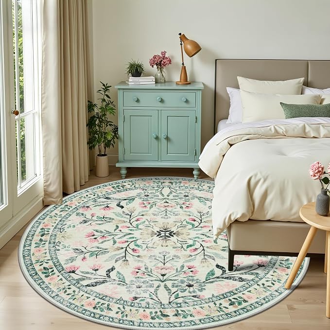 PLHXFR Round Area Rug Living Room: 8 ft Floral Washable Carpet Green Beige | - Image 2