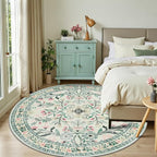 PLHXFR Round Area Rug Living Room: 8 ft Floral Washable Carpet Green Beige | - Image 2