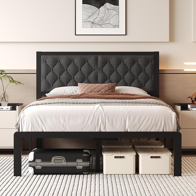 Fluest Full Bed Frame with Headboard Linen Upholstered Bed Frame Platform by Fluest