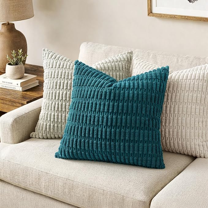 MIULEE Corduroy Decorative Throw Pillow Covers 18x18 Teal Pack of 2 | Soft Boho - Image 4