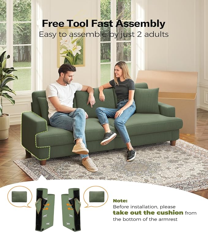 87in Corduroy Couch, Kidirect Sofa No Tool Assembly, Comfy Couches - Image 6