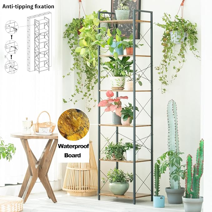 HCHQHS Narrow Bookshelf, Adjustable 6-Tier Industrial Bookcase, Rustic Open - Image 8