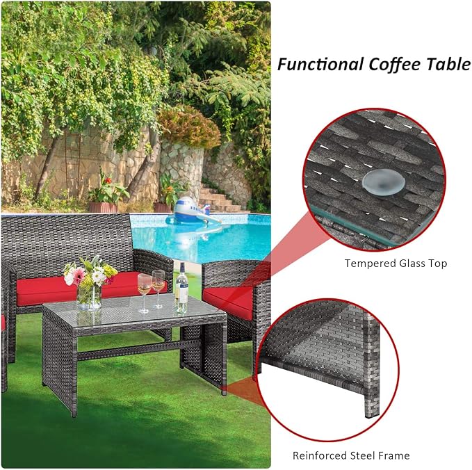 Tangkula 4 PCS Wicker Patio Conversation Set, Outdoor Rattan Sofas - Image 7