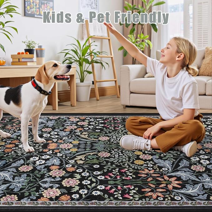 PLHXFR Area Rug Living Room: 3x5 Floral Washable Boho Carpet Dark Black | - Image 6