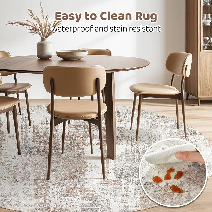 LOONGRUG Round Rug 8x8 Washable Large Neutral Modern Circle Rugs Brown | - Image 4