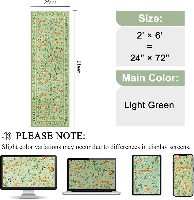 DUKINO 2x6 Runner Rug, Washable Animal Kitchen Rugs Non Slip, Light Green | Soft - Image 2