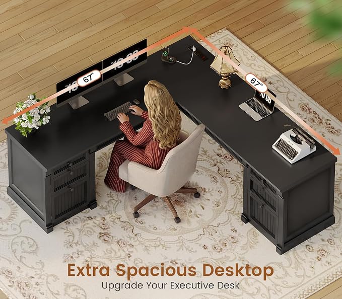 SEDETA L Shaped Desk with 4 Drawers, Corner Computer Desk with Power Strip - Image 4