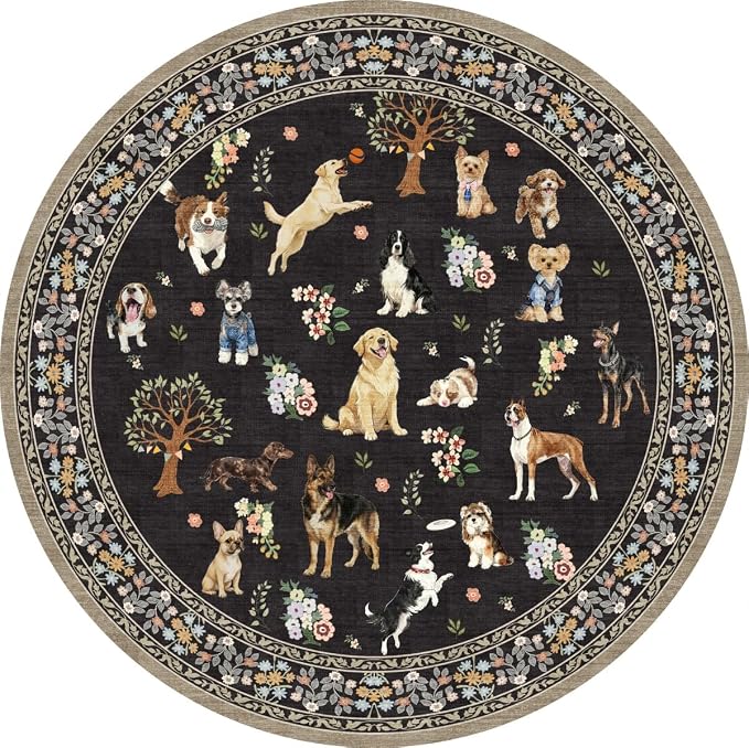 Black 4Ft Round Dogs Area Rug for Living Room Bedroom | Stain Resistant; Non - Image 6