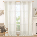 Extra Wide Linen Curtains for Bedroom Semi Sheer Panels 84 Inch | Cream by LAMIT