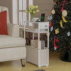 Leomonio White Side Table with Charging Station, Slim End Tables with Linen - Image 4