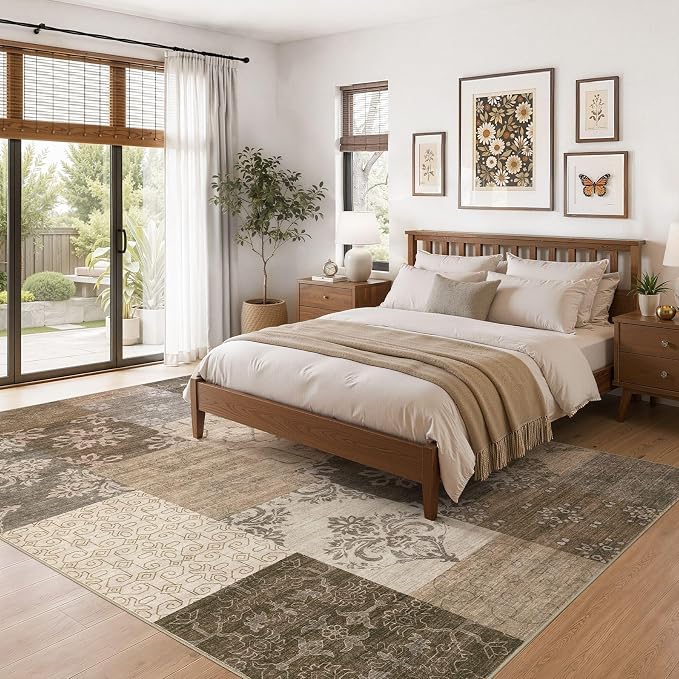 UERMEI 6x9 Area Rug for Living Room, Washable Brown Modern Geometric Patchwork - Image 2
