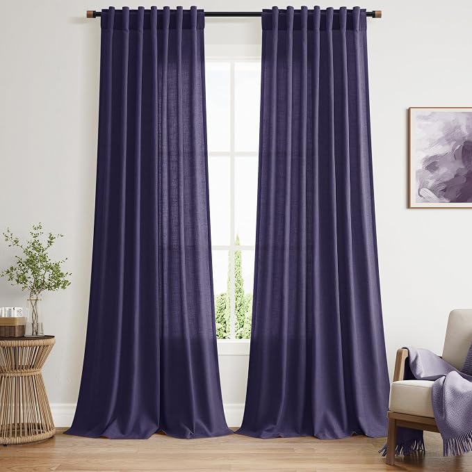 Purple Linen Blend Light Filtering Back Tab Curtains 102 Inches Long, Semi by Nanspring