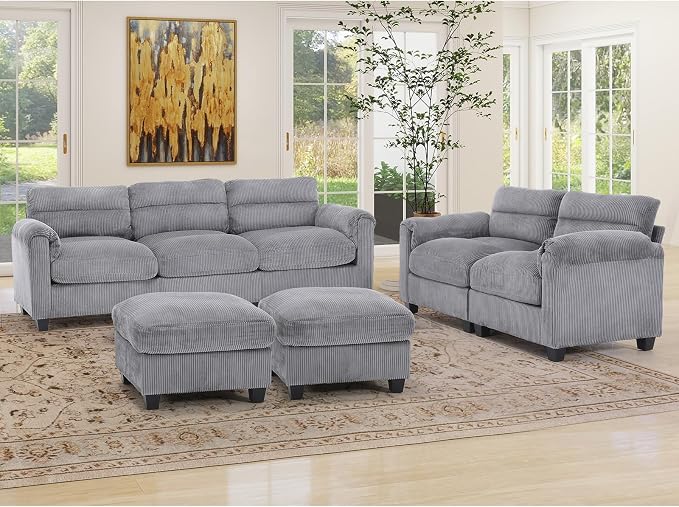 HAOMARKETS Corduroy 4-Piece Sofa Set, Upholstered Ottoman Set of 2, Loveseat by HAOMARKETS