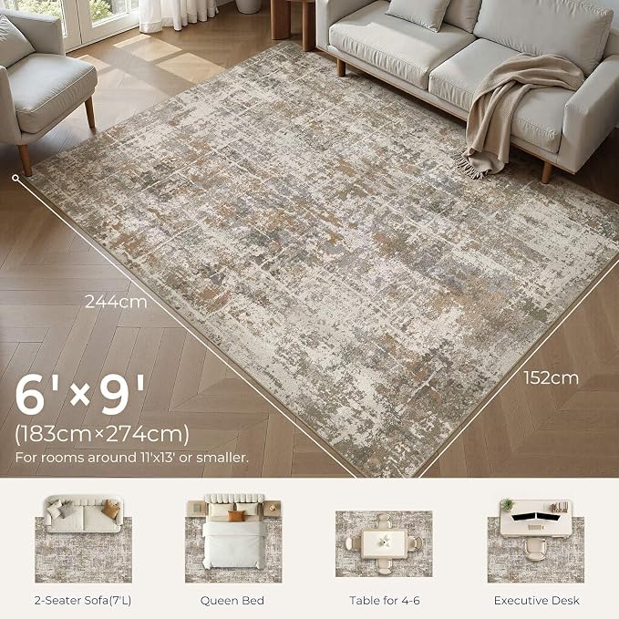 DMOYEST Area Rug Living Room Rugs 6x9 Washable Abstract Carpet | Neutral Modern - Image 2