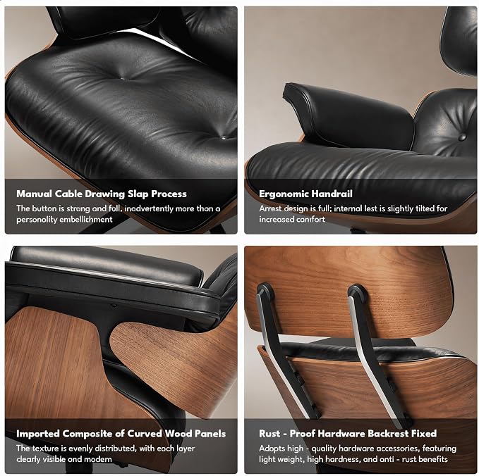 Black PU Leather, Mid Century Chaise Lounge Chair and Ottoman, Leather Accent - Image 8