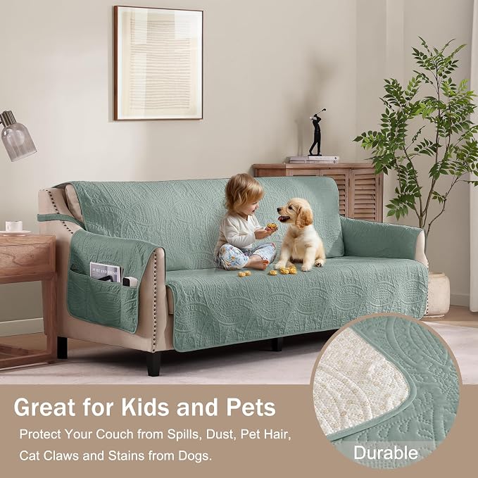Sage Blue Loveseat Covers for 2 Cushion Couch, Water Repellent Slip Covers for - Image 2