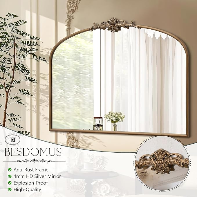 Besdomus Vintage Arched Gold Mirror: 40"x29" French Large Matt Gold Antique - Image 7