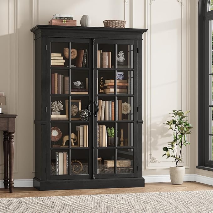 QUW Modern 65" Tall Display Cabinet, Farmhouse Curio Cabinets - Image 4